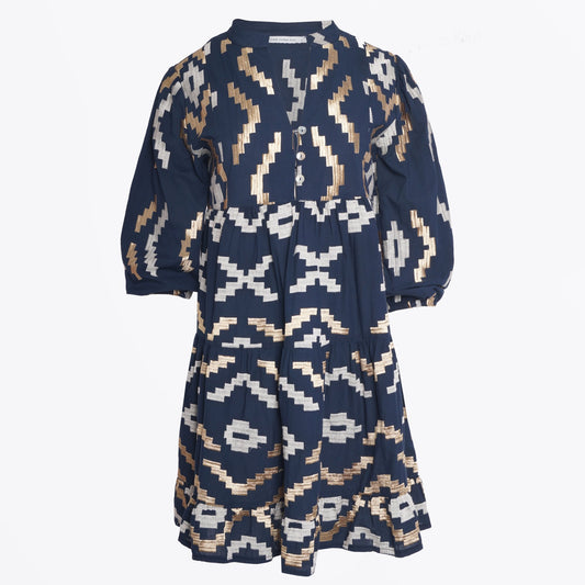 - Rhombus Embroidered Mini Dress - Navy/Gold