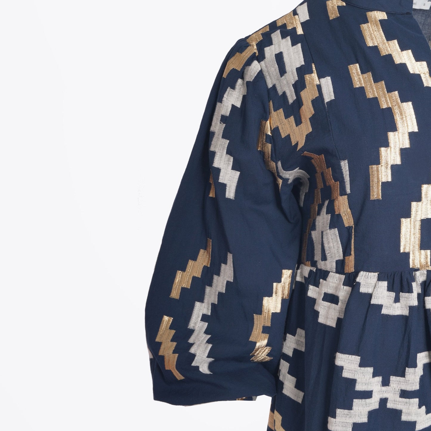 - Rhombus Embroidered Mini Dress - Navy/Gold