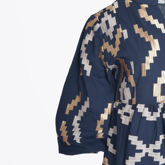 - Rhombus Embroidered Mini Dress - Navy/Gold