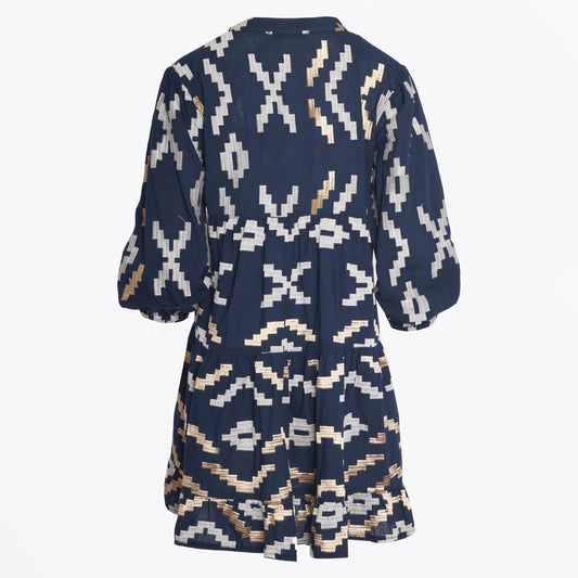 - Rhombus Embroidered Mini Dress - Navy/Gold
