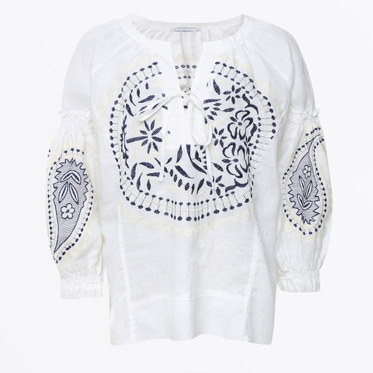 - Paisley Embroidered Linen Top - White/Blue