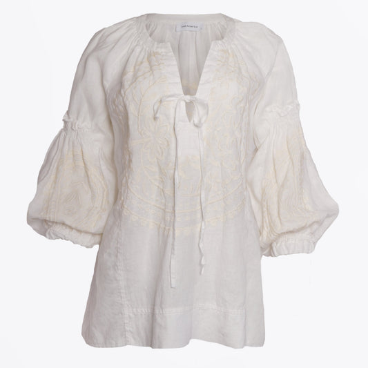 - Paisley Embroidered Linen Top - Cream