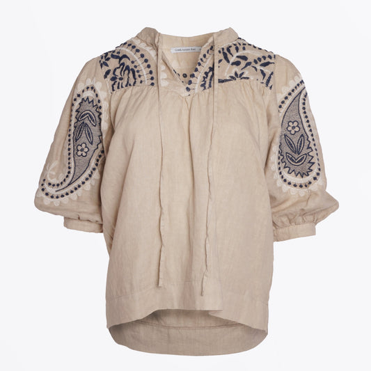 - Paisley Embroidered Linen Top - Sand/blue