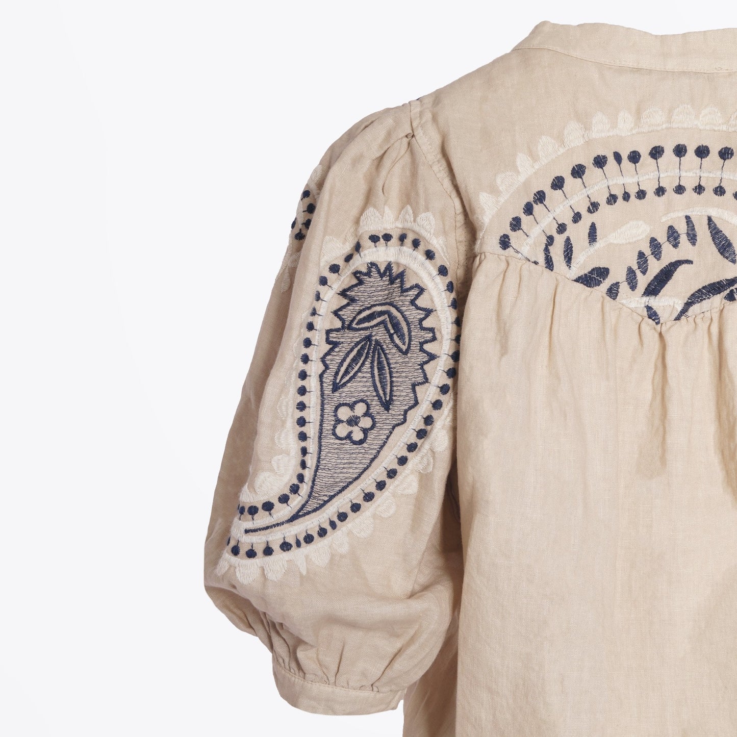 - Paisley Embroidered Linen Top - Sand/blue