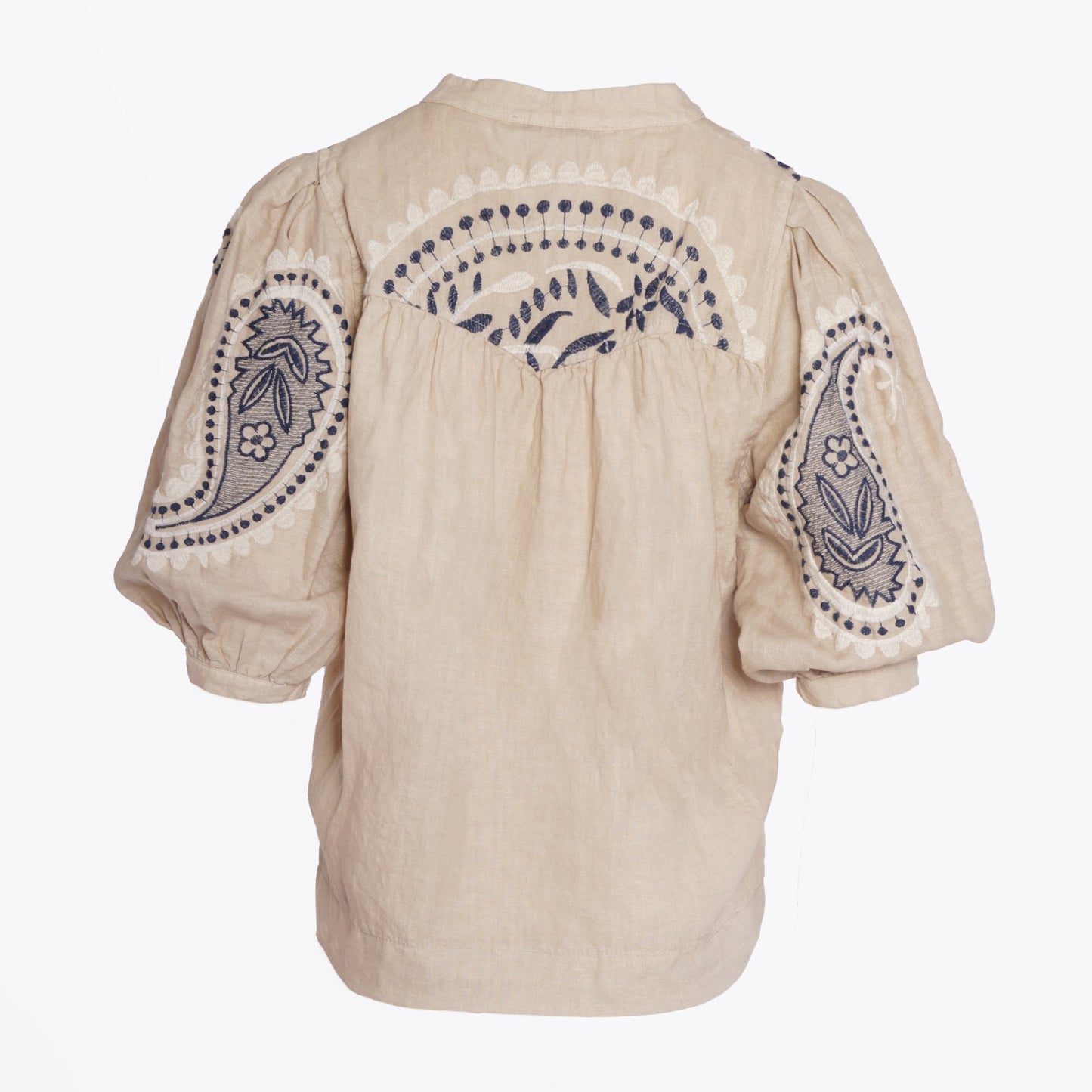 - Paisley Embroidered Linen Top - Sand/blue