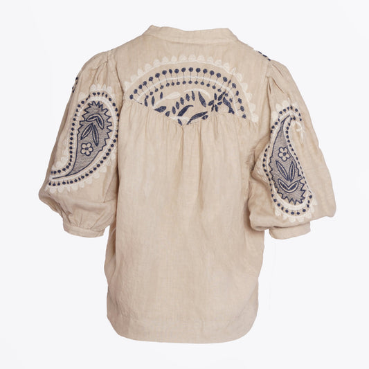 - Paisley Embroidered Linen Top - Sand/blue
