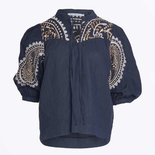 - Paisley Embroidered Linen Top - Navy/Gold