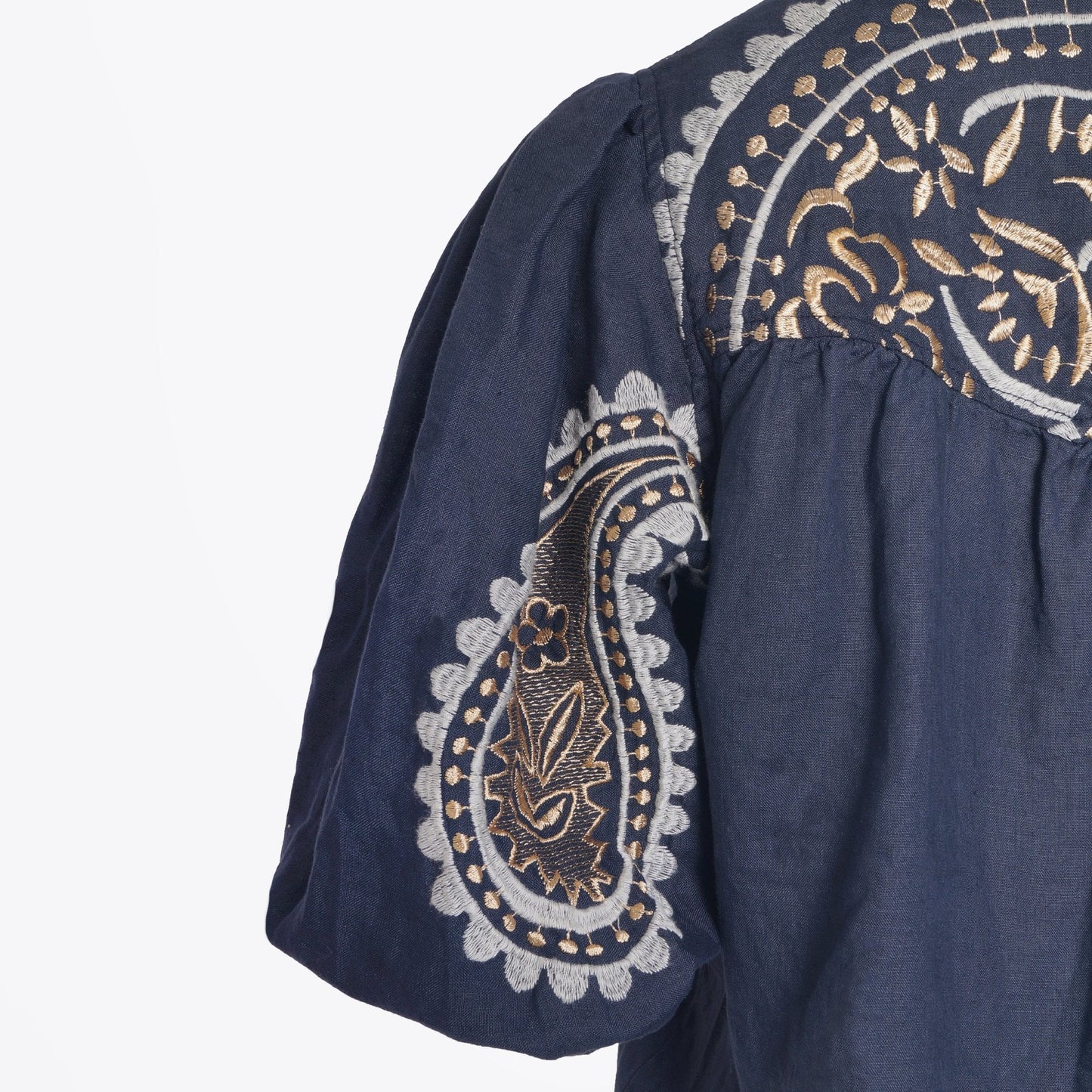 - Paisley Embroidered Linen Top - Navy/Gold