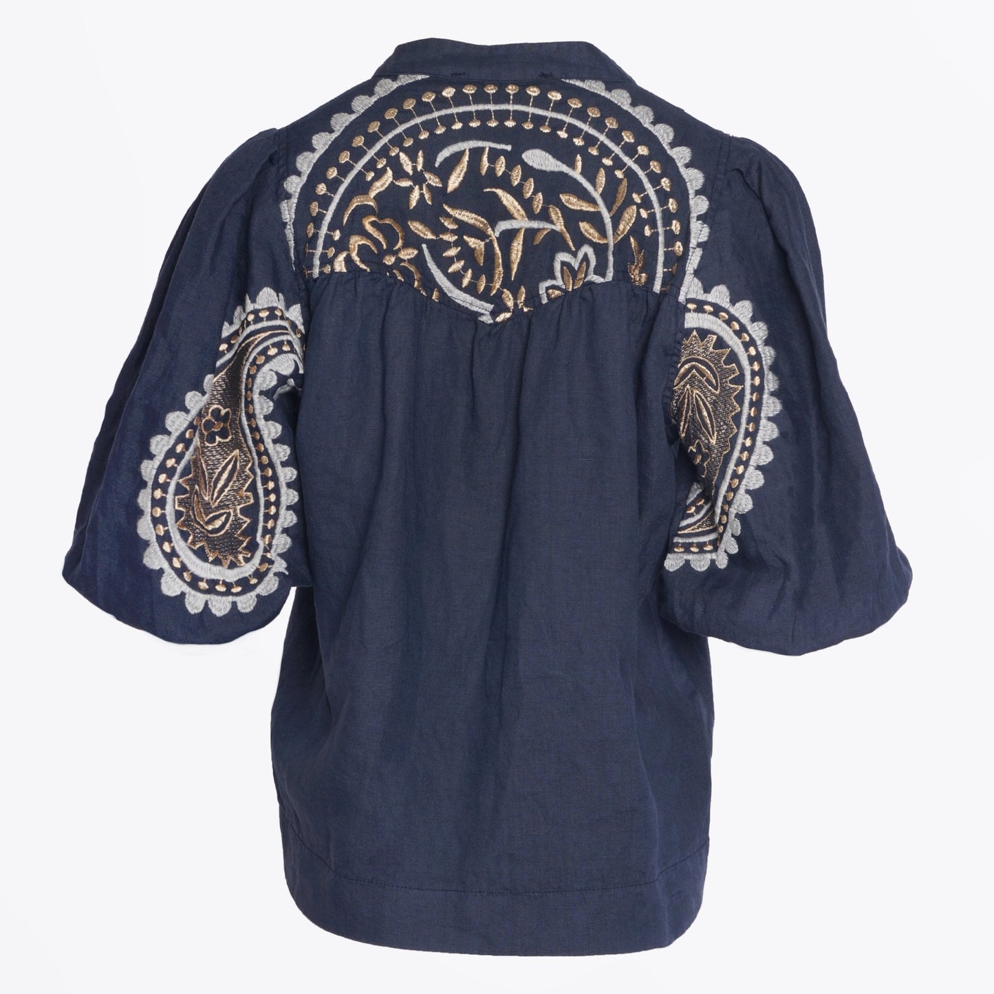 - Paisley Embroidered Linen Top - Navy/Gold