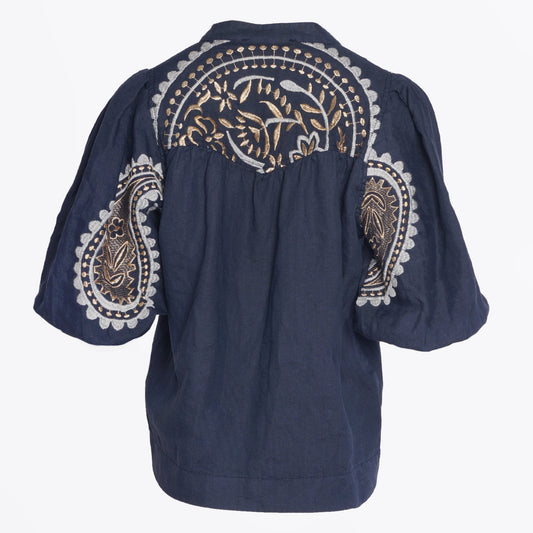- Paisley Embroidered Linen Top - Navy/Gold