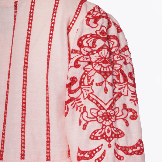 - Cut Embroidered Linen Dress - Pink/Red