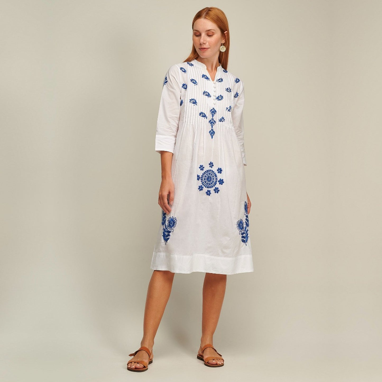 - Sophie Embroidered Dress - Blue/White