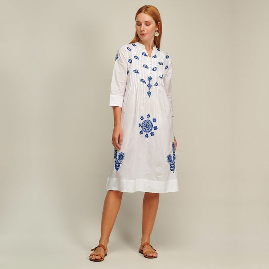 - Sophie Embroidered Dress - Blue/White