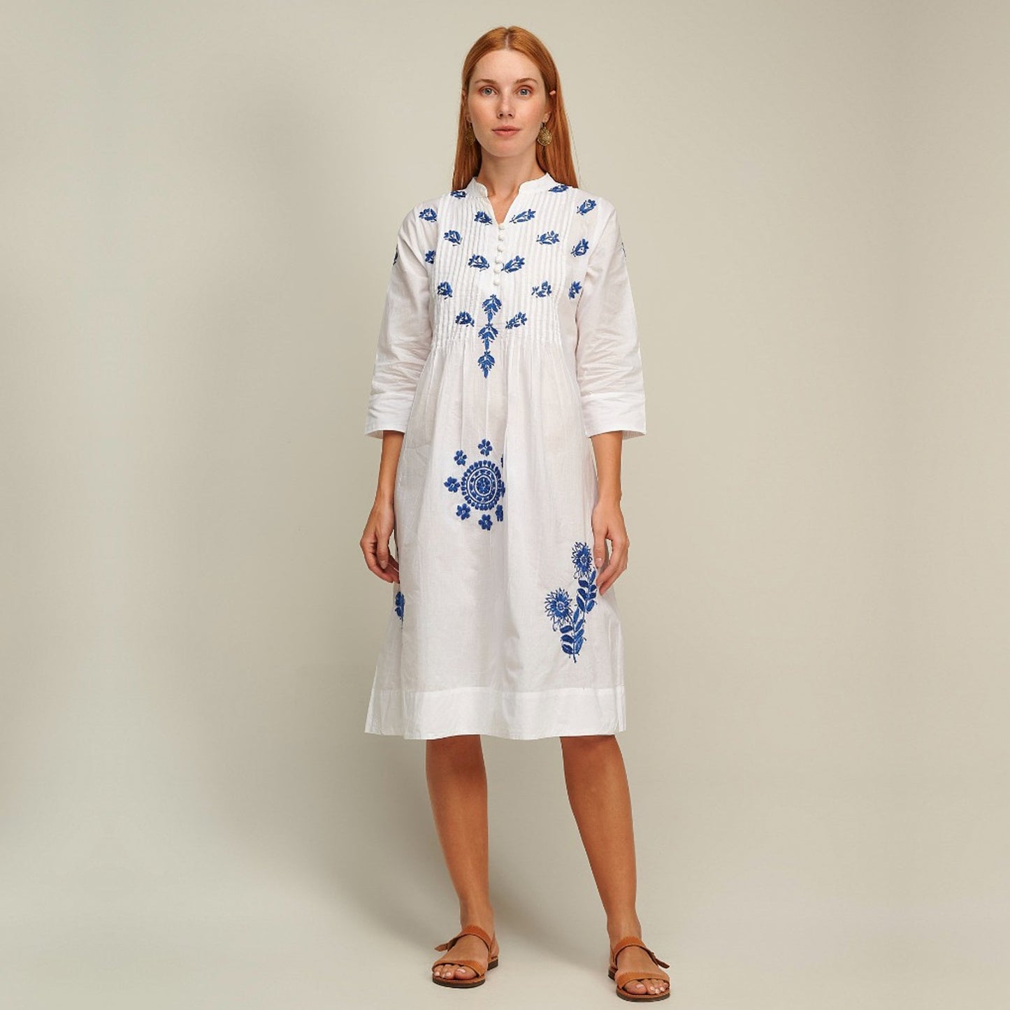 - Sophie Embroidered Dress - Blue/White