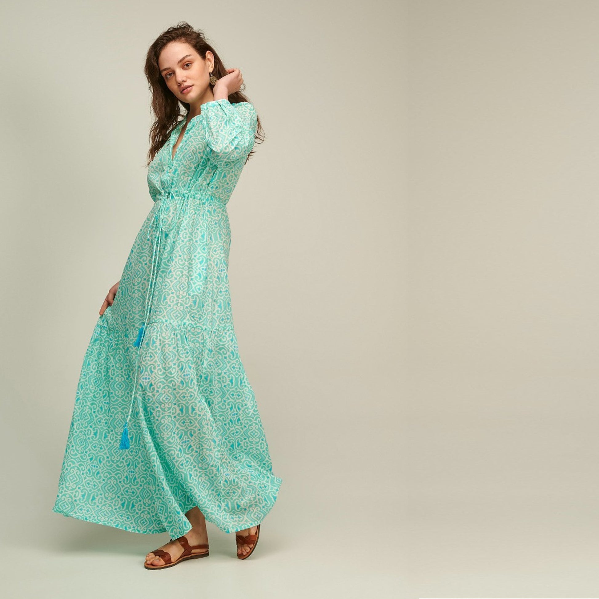 Handprint Nightingale Dress - Lama Mint