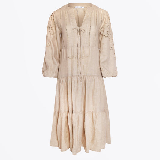 - Cut Embroidered Linen Dress - Total Sand