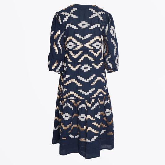 - Rhombus Embroidered Midi Dress - Navy/Gold
