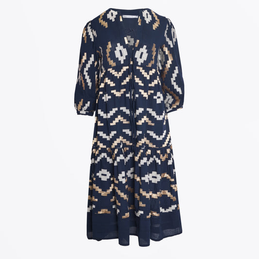 - Rhombus Embroidered Midi Dress - Navy/Gold