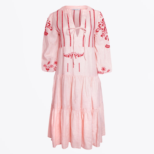 - Cut Embroidered Linen Dress - Pink/Red
