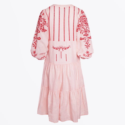 - Cut Embroidered Linen Dress - Pink/Red