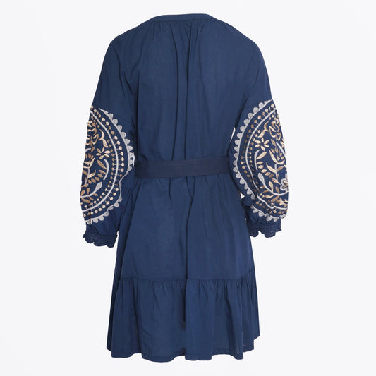 - Paisley Embroidered Cotton Dress - Navy/Gold