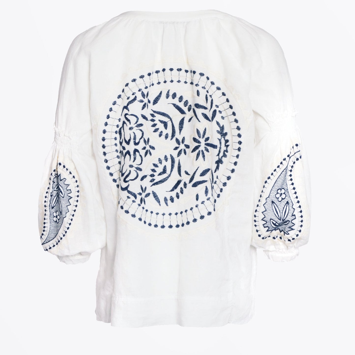 - Paisley Embroidered Linen Top - White/Blue