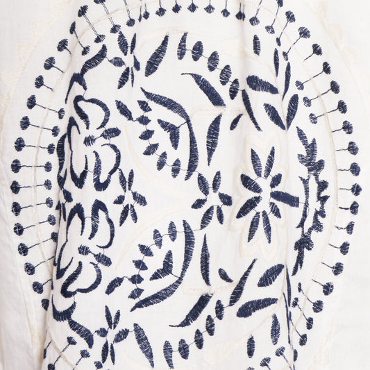 - Paisley Embroidered Linen Top - White/Blue