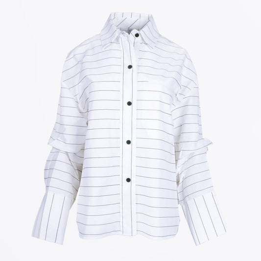 - Tucked Sleeve Striped Shirt - White/Black