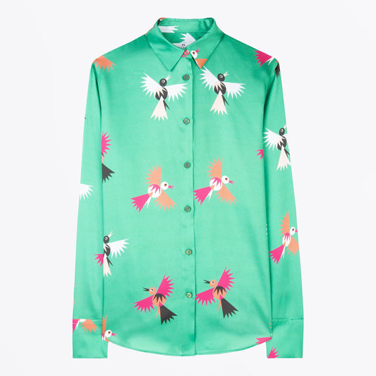 - Bird Print Satin Shirt - Green