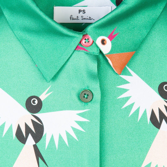 - Bird Print Satin Shirt - Green