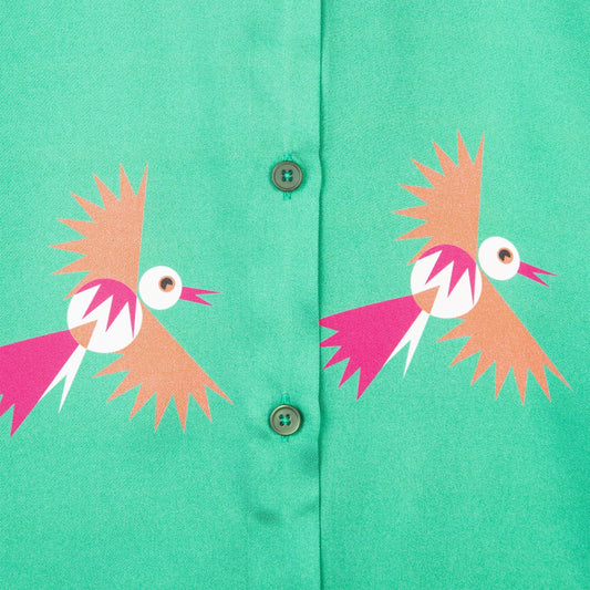 - Bird Print Satin Shirt - Green