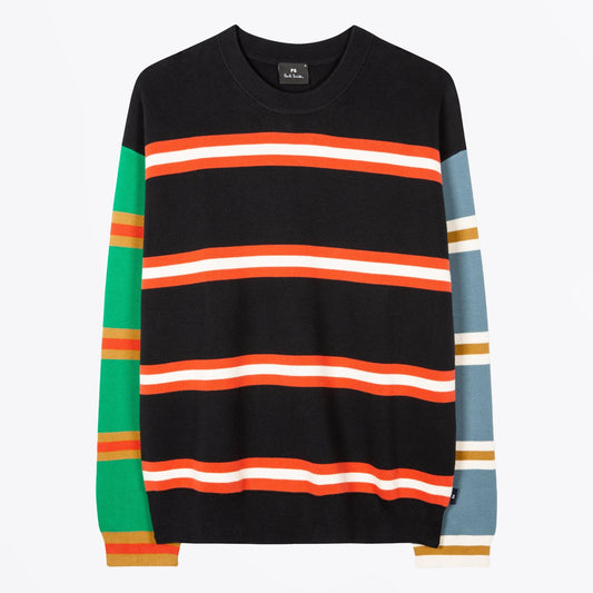 - Striped Crew Neck Pullover - Black