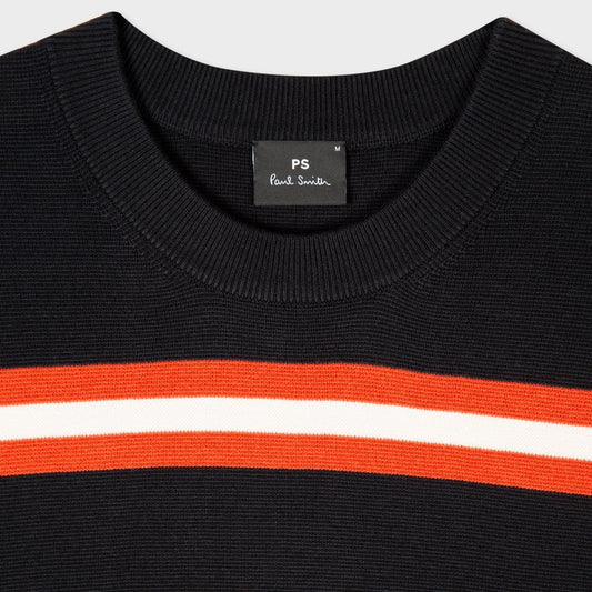 - Striped Crew Neck Pullover - Black