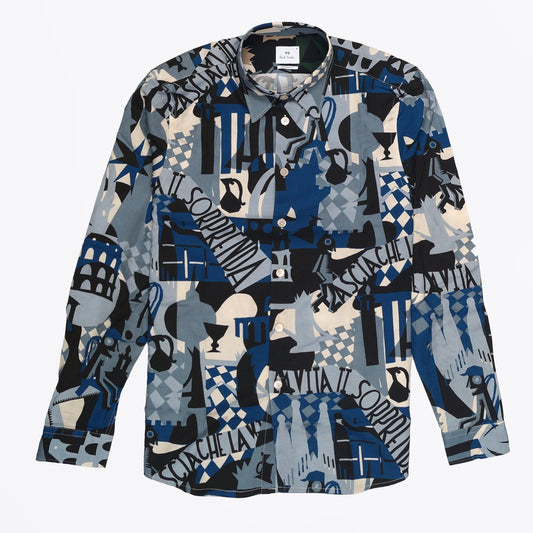 - Souvenir Print Regular Fit Shirt - Light Blue