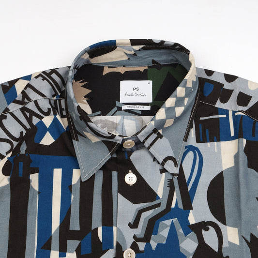 - Souvenir Print Regular Fit Shirt - Light Blue