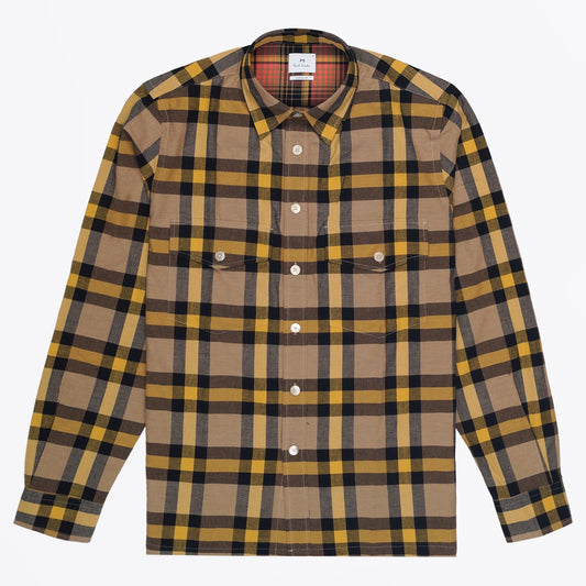 - Casual Fit Pockets Check Shirt - Camel