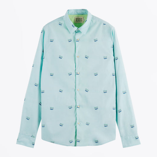- Slim Fit Embroidered Palm Shirt - Light Blue