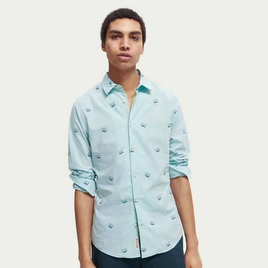 - Slim Fit Embroidered Palm Shirt - Light Blue