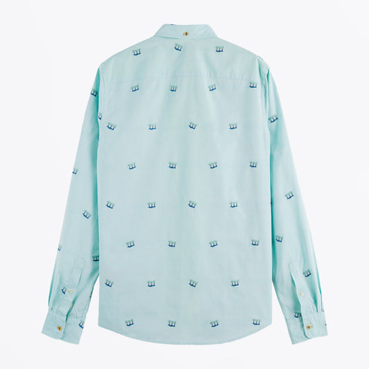 - Slim Fit Embroidered Palm Shirt - Light Blue
