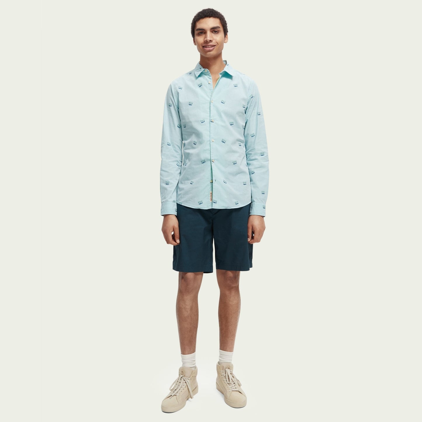 - Slim Fit Embroidered Palm Shirt - Light Blue
