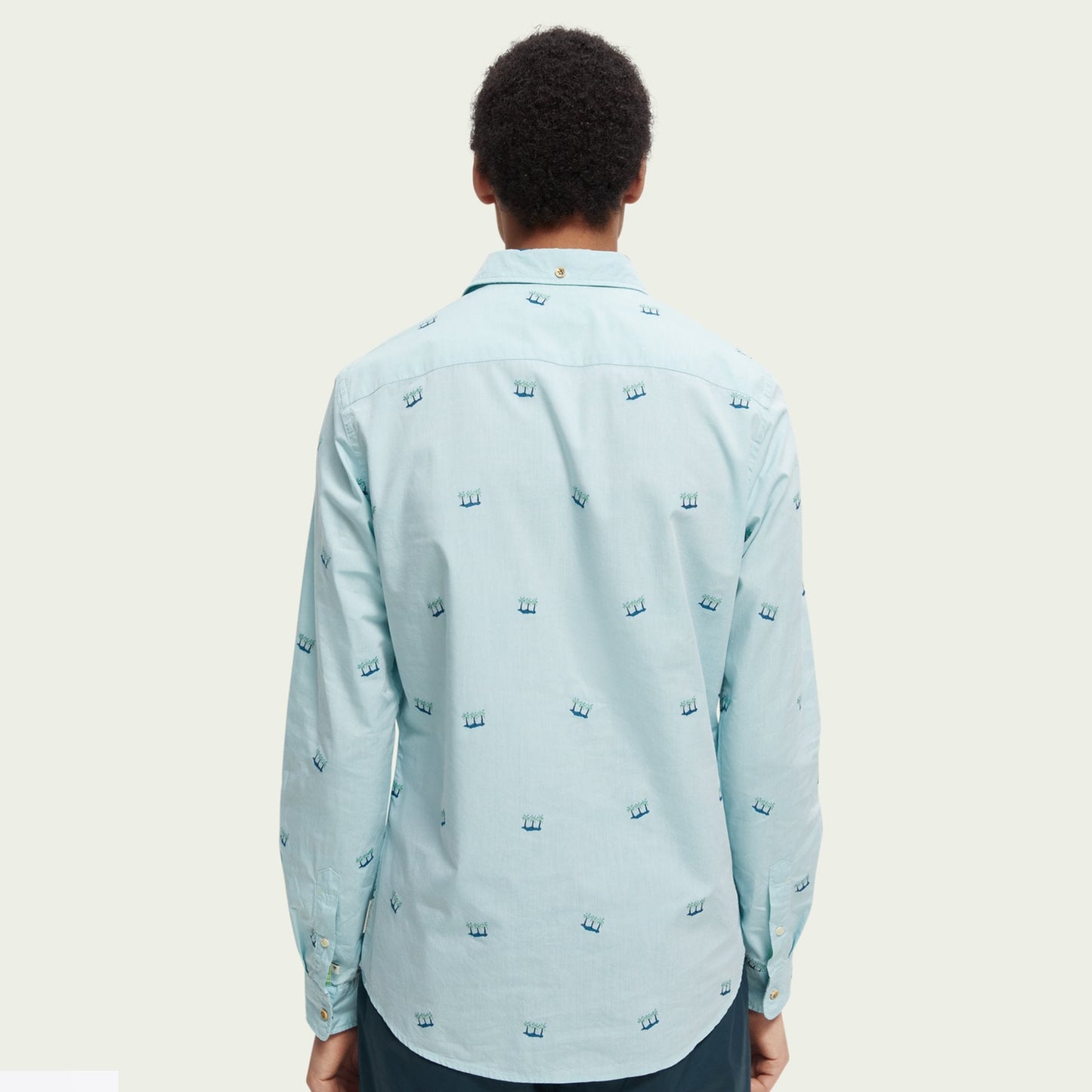- Slim Fit Embroidered Palm Shirt - Light Blue
