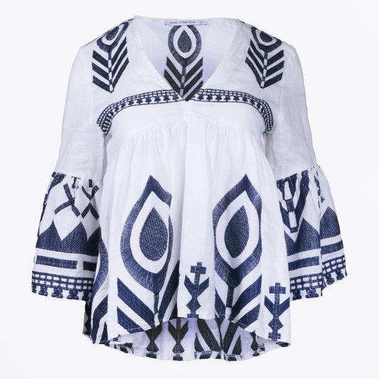 - Feather Embroidered Top - White/Navy