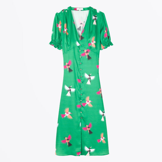 - Bird Print Button Front Dress - Green
