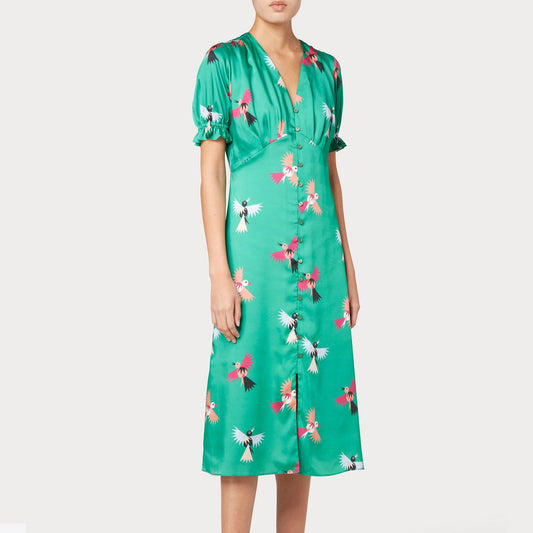 - Bird Print Button Front Dress - Green