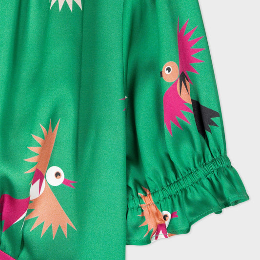 - Bird Print Button Front Dress - Green