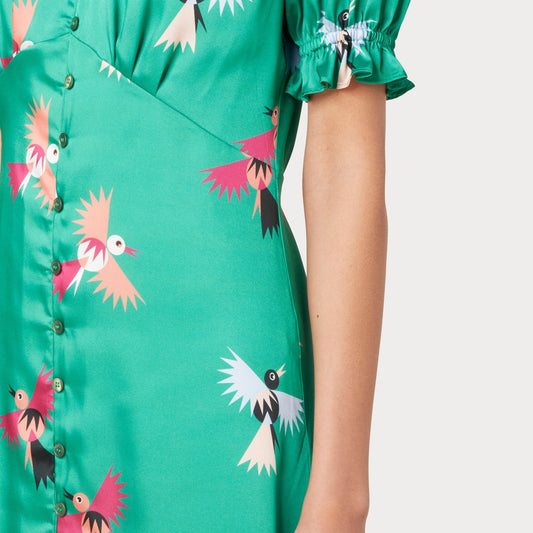 - Bird Print Button Front Dress - Green
