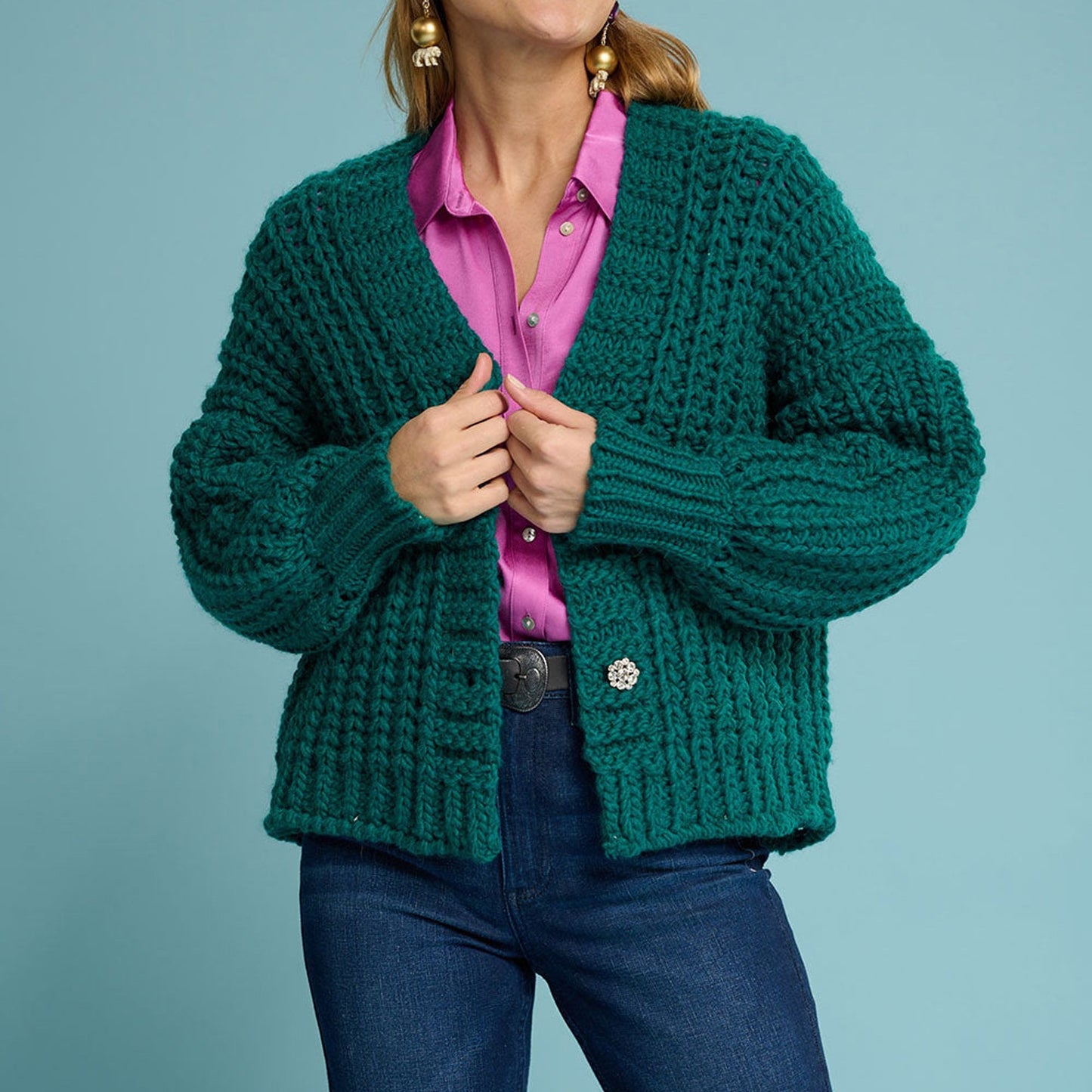 - Chunky Knit Cardigan - Pacific Green