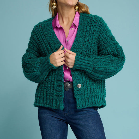 - Chunky Knit Cardigan - Pacific Green