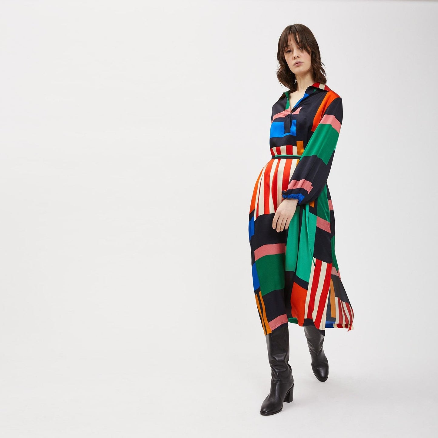 - Viscose Dress with Belt - Multi