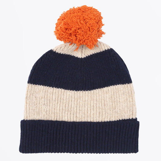 Eco Wool Stripe Bobble Hat - Navy/Beige Stripe